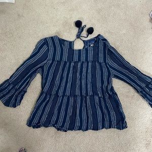 Blue Flowy Tiered Long Sleeve with White Stripes